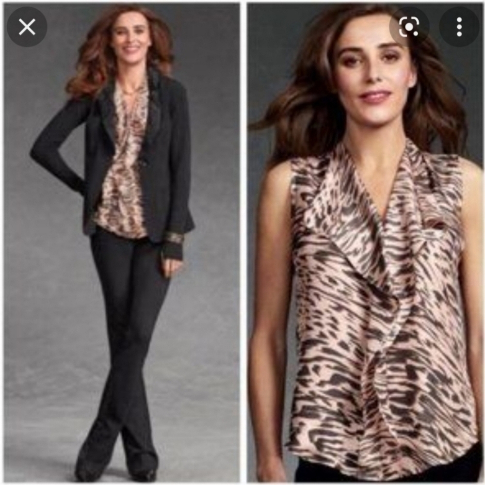 CAbi Just So Animal Print Ruffle Silk Blouse